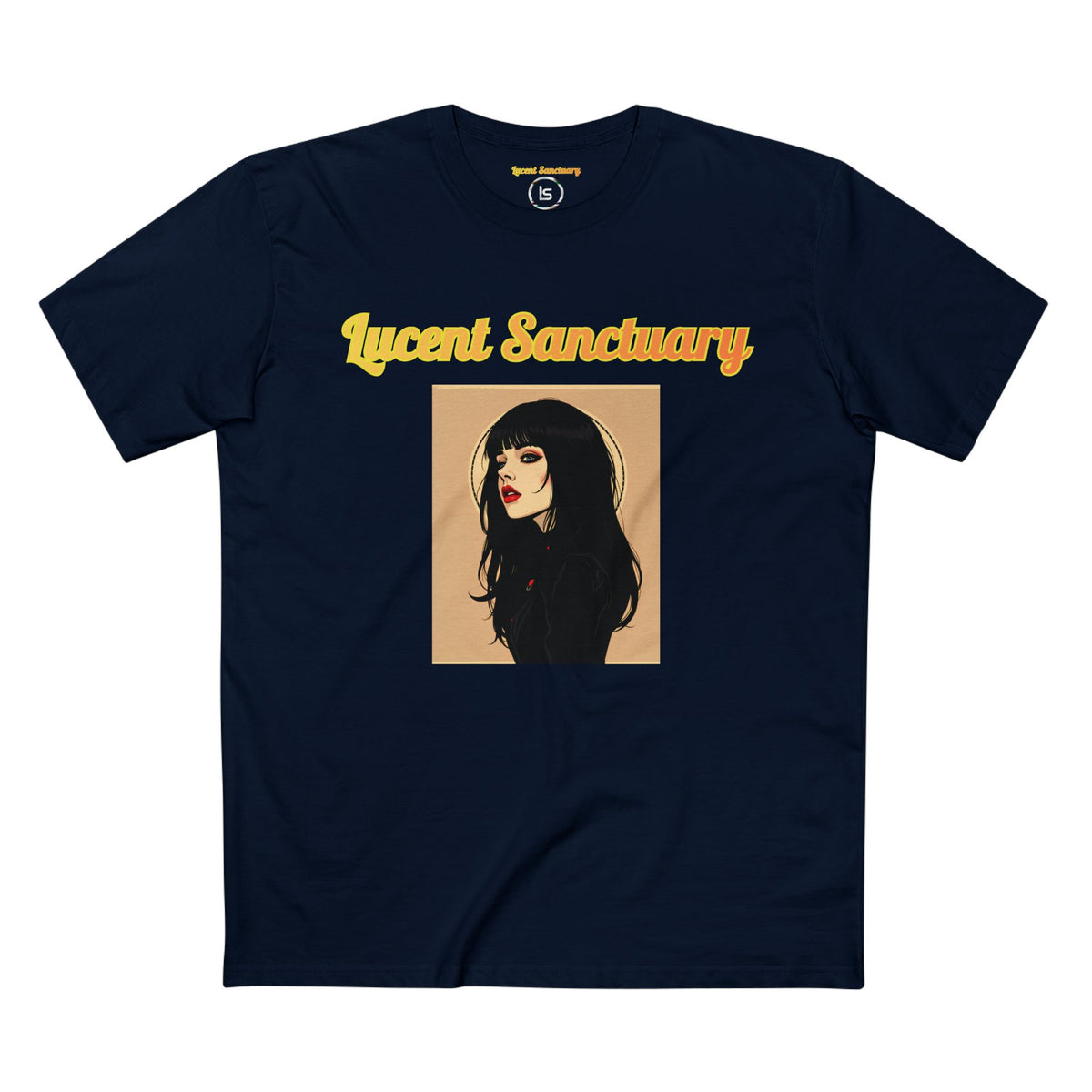 Navy blue t-shirt with 'Lucent Sanctuary' design featuring a woman's portrait on a beige background.