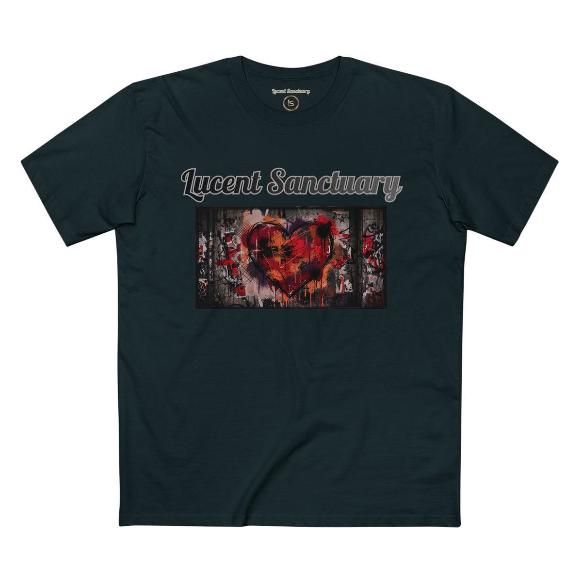 a front facing product picture of the Lucent Sanctuary "painted hearts" graphic print tee, colour jade variant.