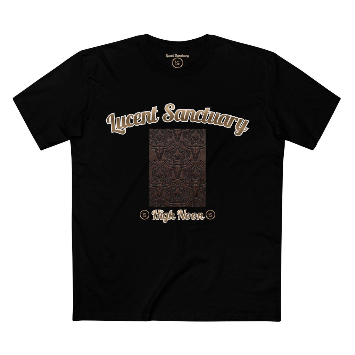 Front view of the High Noon printed tee featuring a gold wordmark and pressed-leather-look graphic