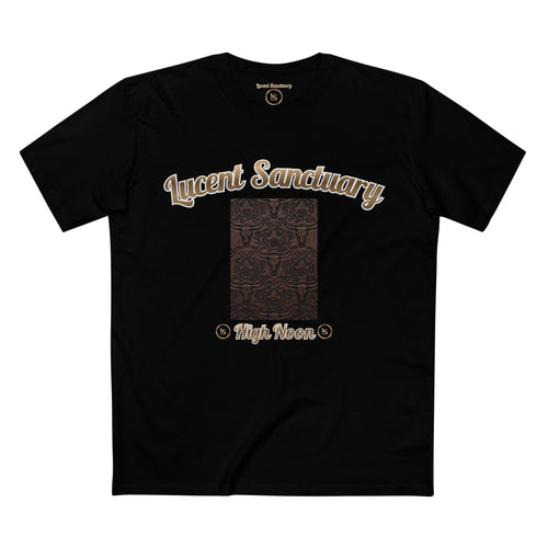 Front view of the High Noon printed tee featuring a gold wordmark and pressed-leather-look graphic