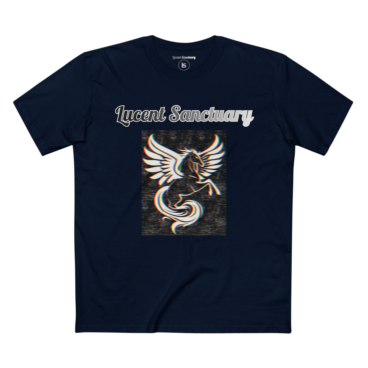 A clear front facing picture of the navy colour variant Lucent Sanctuary "RGB pegasus" midweight cotton tee.