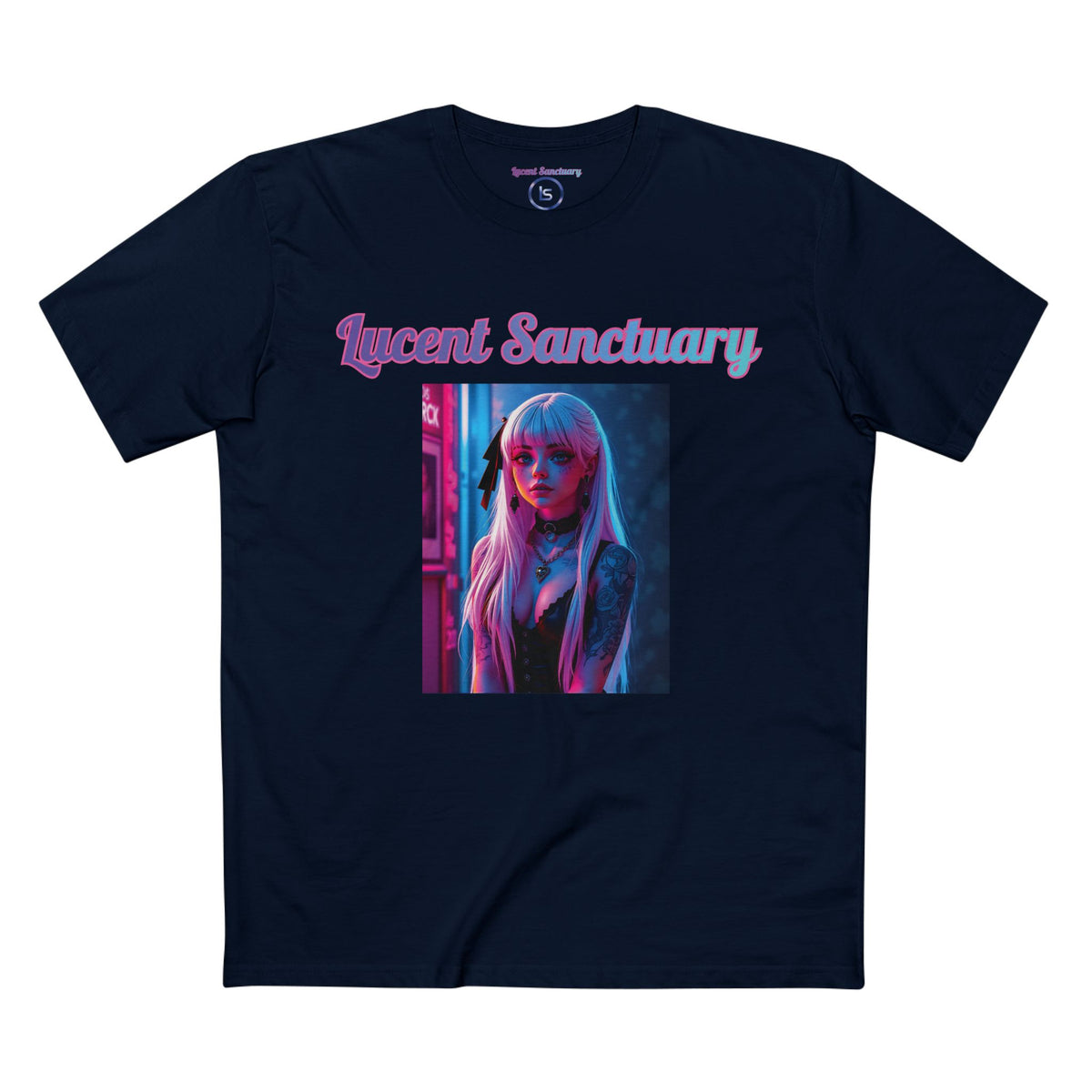 A clear front view picture of the navy variant Lucent Sanctuary "neon graphic" tee.