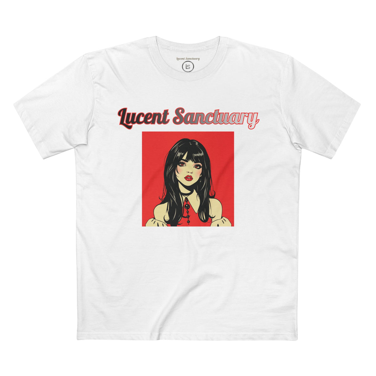 A detailed full view front facing image of the Lucent Sanctuary "LS original print tee". the colour variant is white.