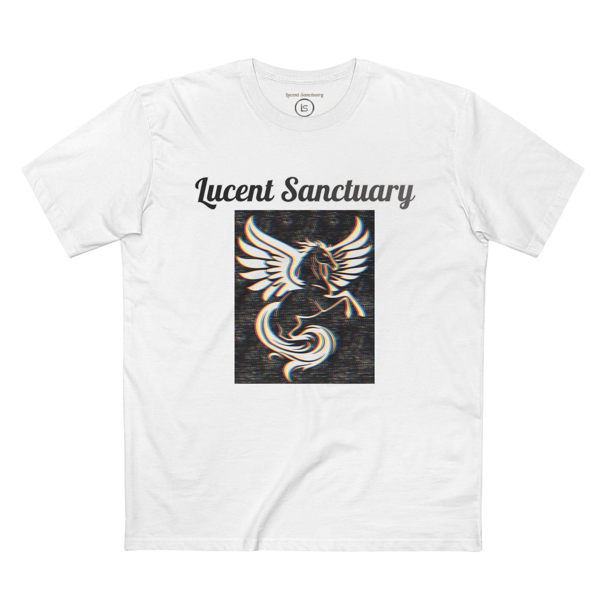 a full front facing photograph of the white variant "RGB pegasus" cotton tee  by the brand Lucent Sanctuary.