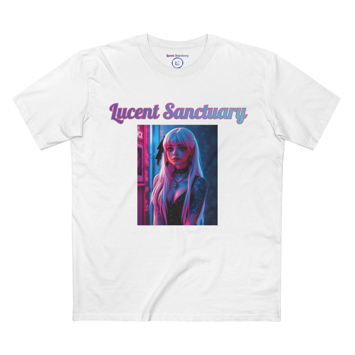 A full front view image of the Lucent Sanctuary "neon graphic" cotton tee in the white variant.