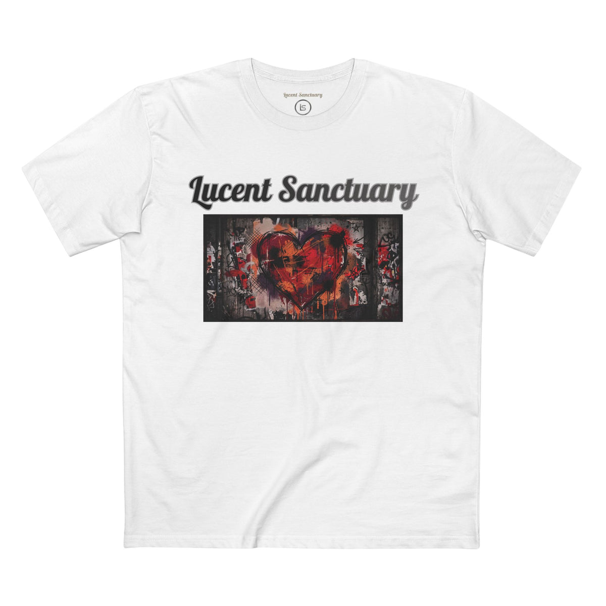 A clear front facing product image of the Lucent Sanctuary "painted hearts" graphic print tee. variant is white.